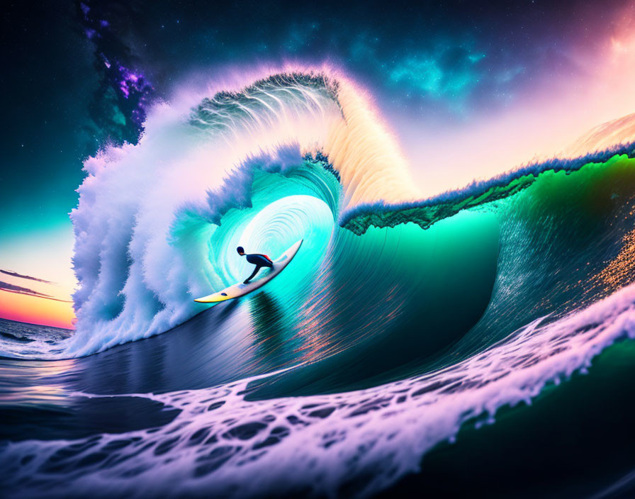 Vibrant sunset surf scene with curling wave in pink, blue, and green