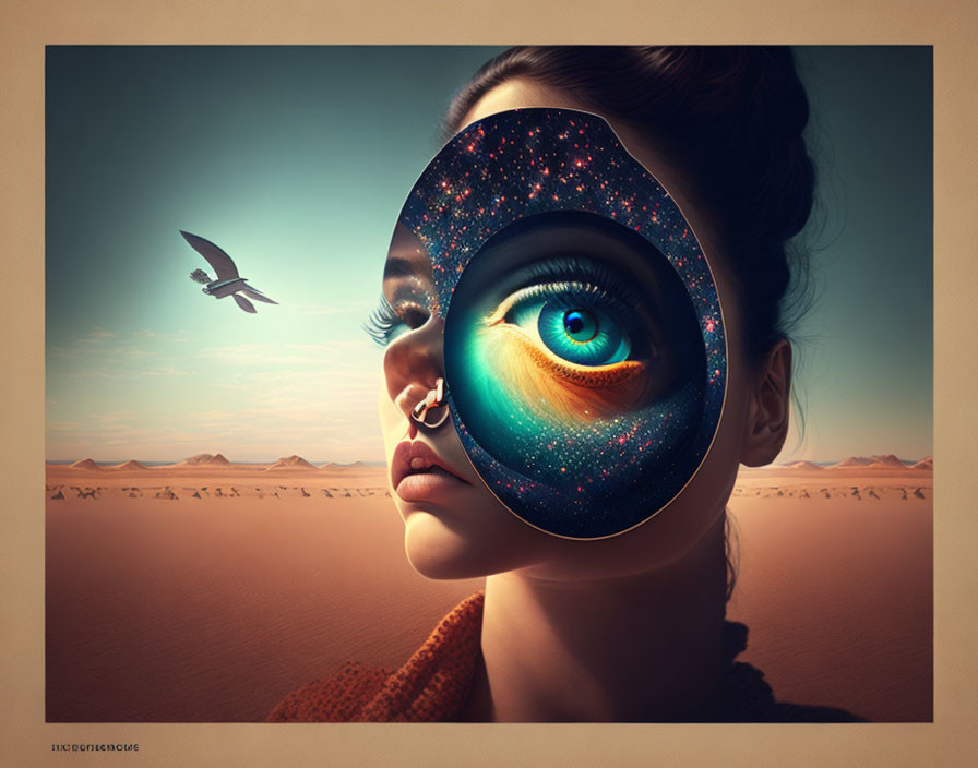 Surreal portrait of a woman with magnified eye and cosmic scene over desert landscape