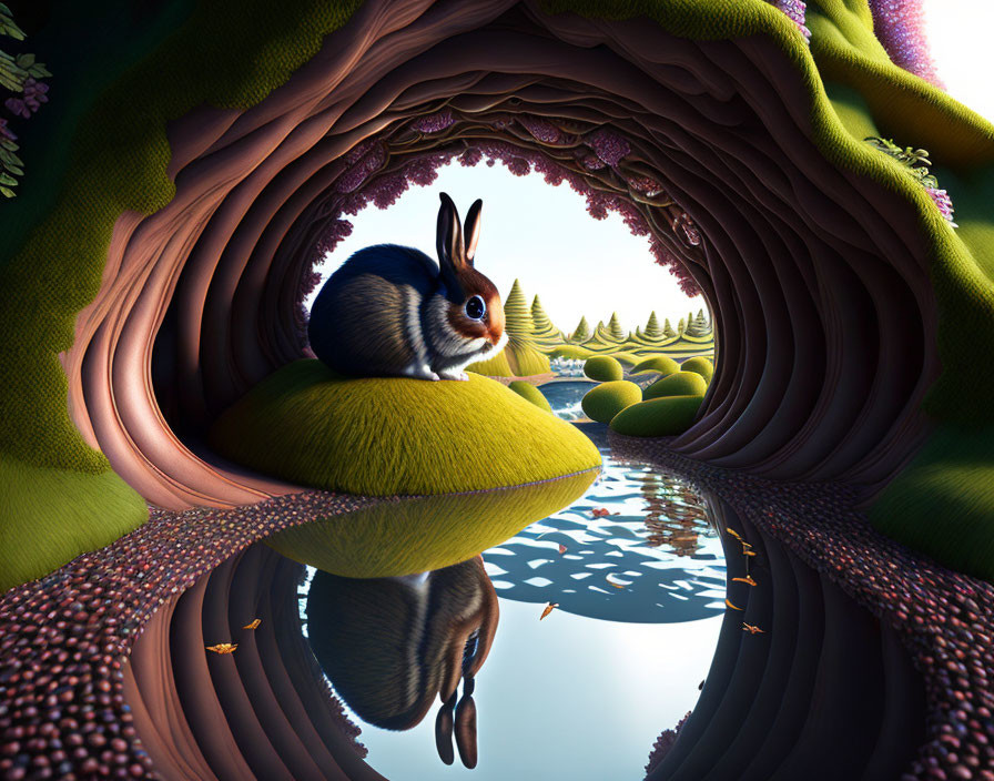 Surreal illustration: Rabbit on green pod in cave with water surface