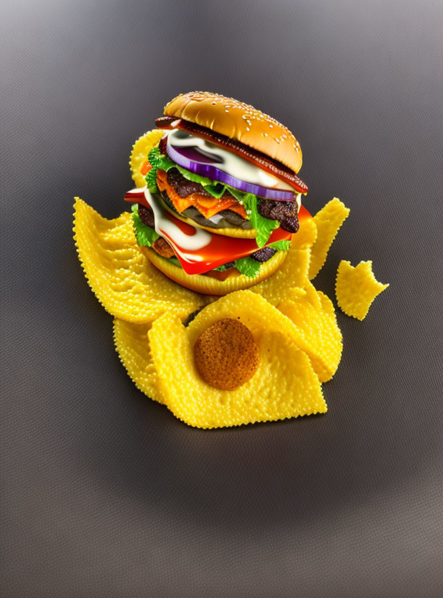 Digital illustration: Burger with lettuce, tomato, cheese, onion, and potato chips on dark background