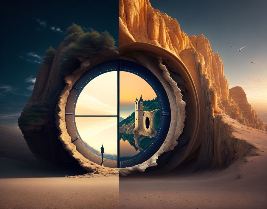 Surreal desert scene with circular doorway to contrasting landscape