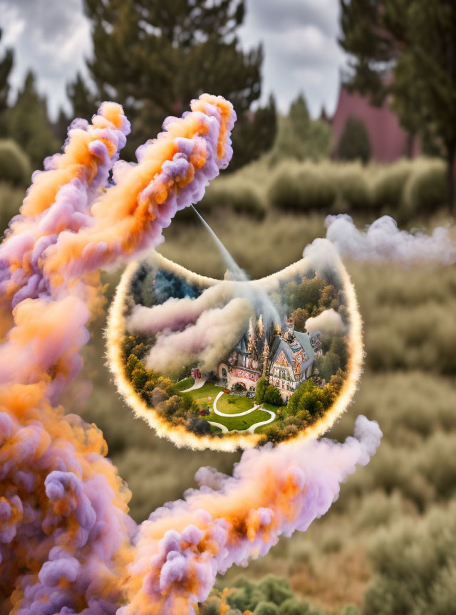 Surreal house surrounded by colorful smoke in forest setting