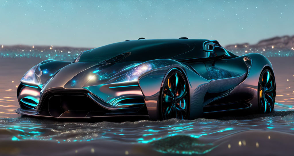 Futuristic metallic car by luminous water under starry sky