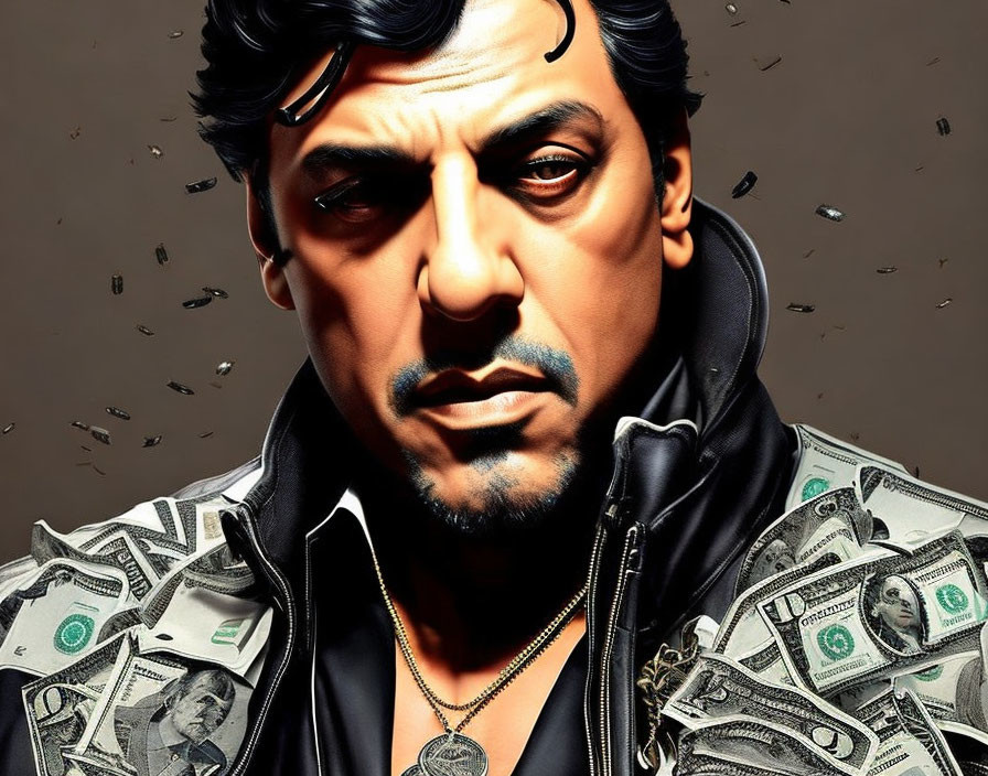 Digital artwork of stern man in black jacket, necklace, amid flying dollar bills on brown backdrop