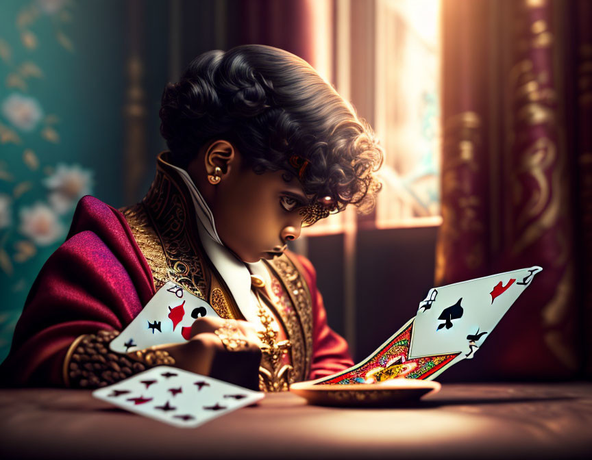 Child in maroon jacket playing magical card game against luxury backdrop