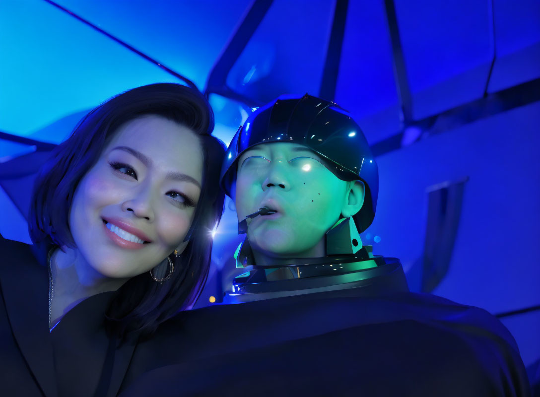 Woman Smiling Beside Helmeted Humanoid Robot in Blue Light