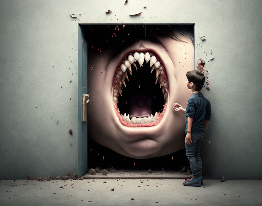 Surreal door with giant mouth and floating petals in tense scene