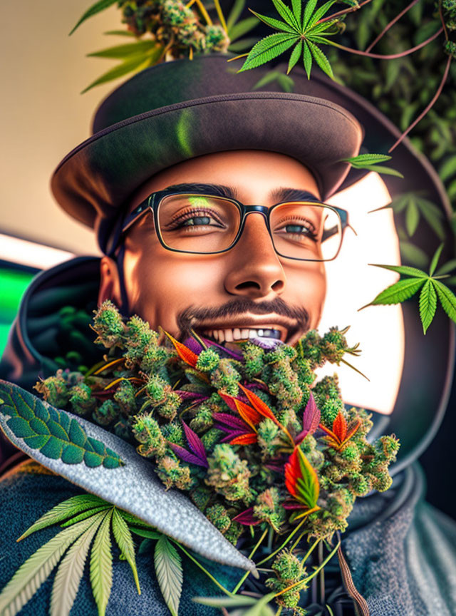 Colorful portrait with hat, glasses, headphones, and cannabis leaves.