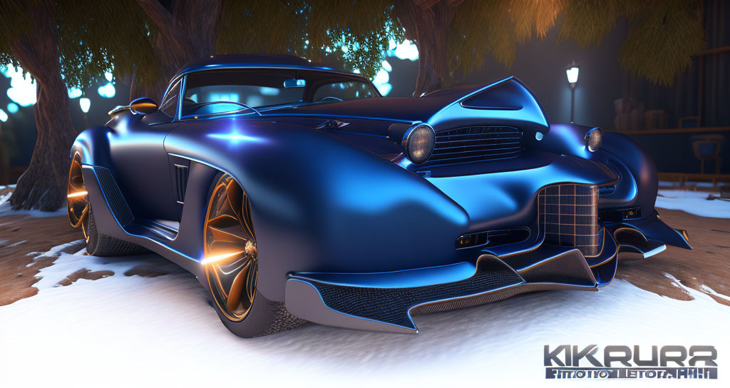 Futuristic Blue Car with Gold Accents in Ambient Lighting