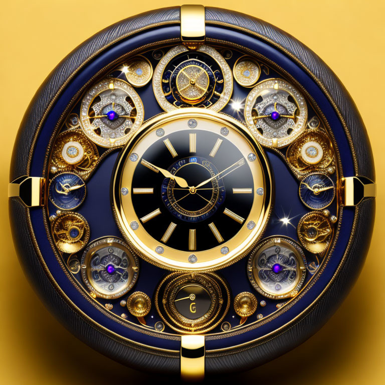 Luxurious Blue and Gold Watch with Multiple Dials and Jeweled Accents