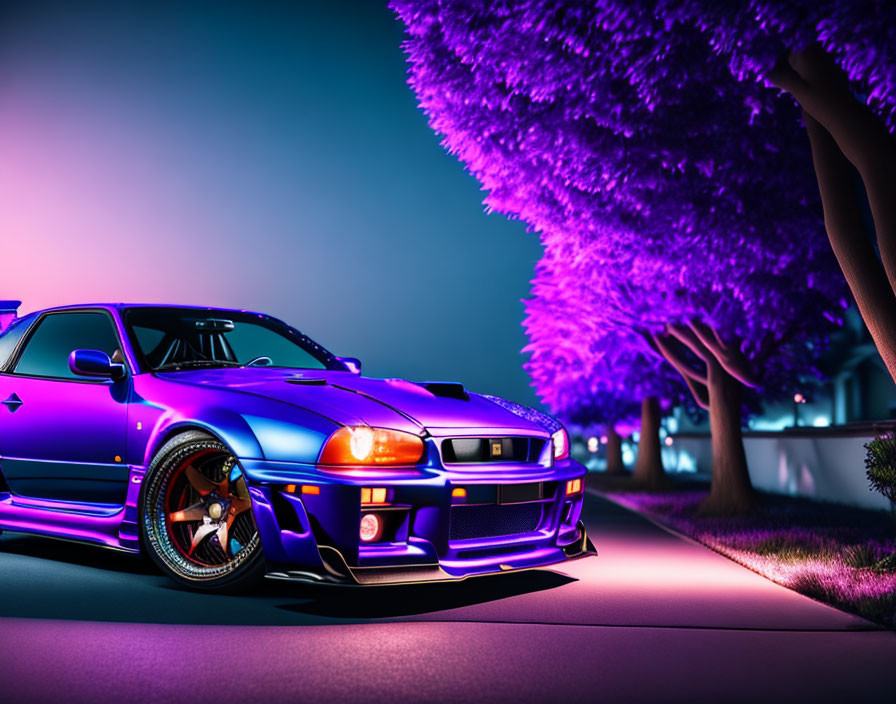 Shiny Blue Sports Car Parked at Night Under Purple Street Lighting