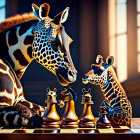 Giraffe and Mouse Figurines Playing Chess with Giraffe Holding Piece in Mouth