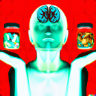 Illustration of human figure with transparent head holding pills jars on red background