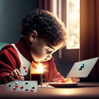 Child in maroon jacket playing magical card game against luxury backdrop