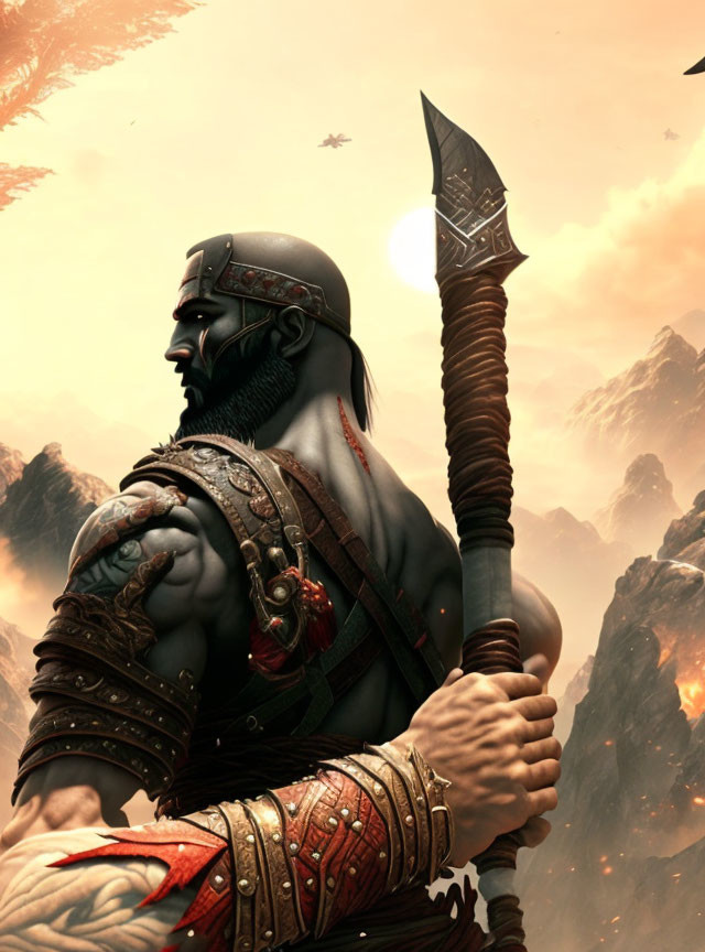 Muscular warrior with spear gazes at sunset mountains