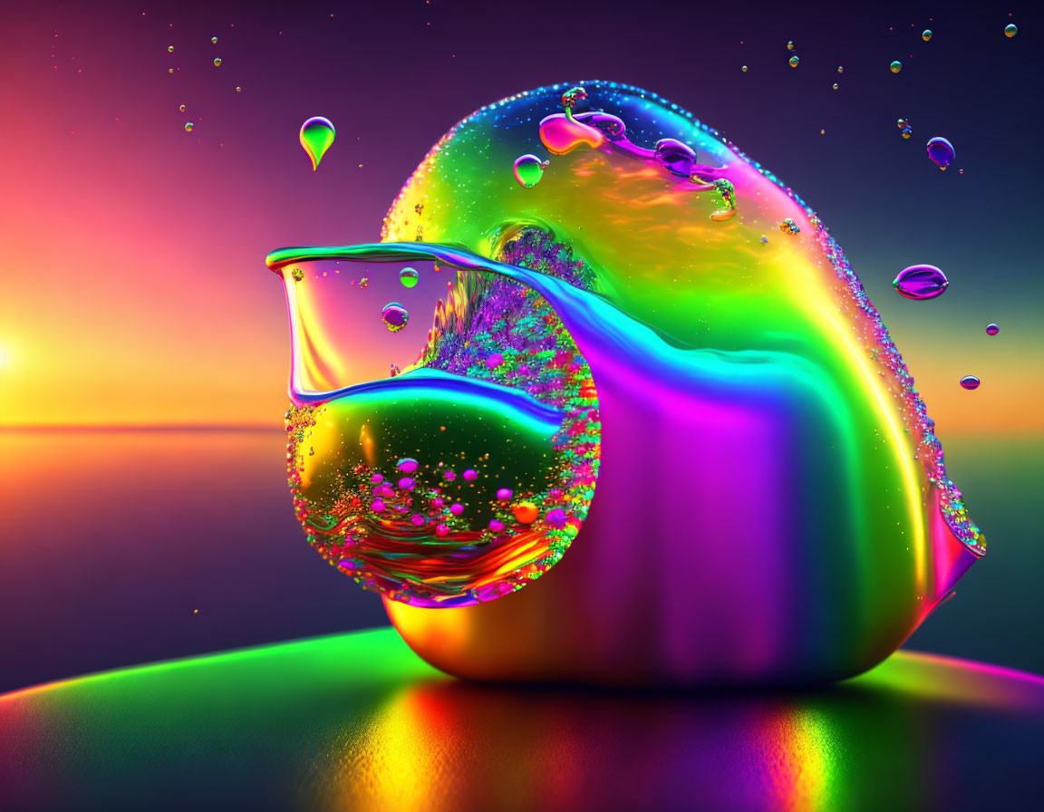 Colorful iridescent bubble with floating droplets on neon gradient backdrop