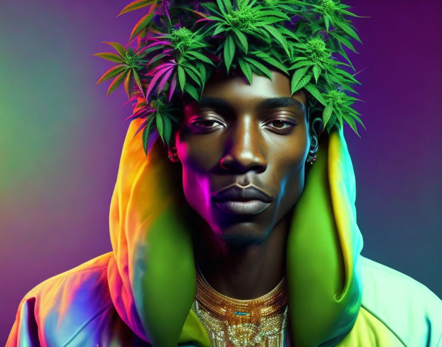 Colorful Hoodie with Cannabis Leaf Crown on Purple Background