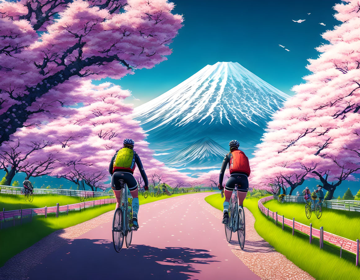 Cyclists amidst pink cherry blossoms with Mount Fuji in the background