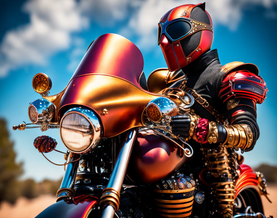 Red and Gold Armored Suit Figure on Customized Motorcycle in Natural Setting