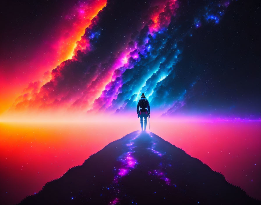 Person walking on path into vibrant cosmic landscape with nebula clouds