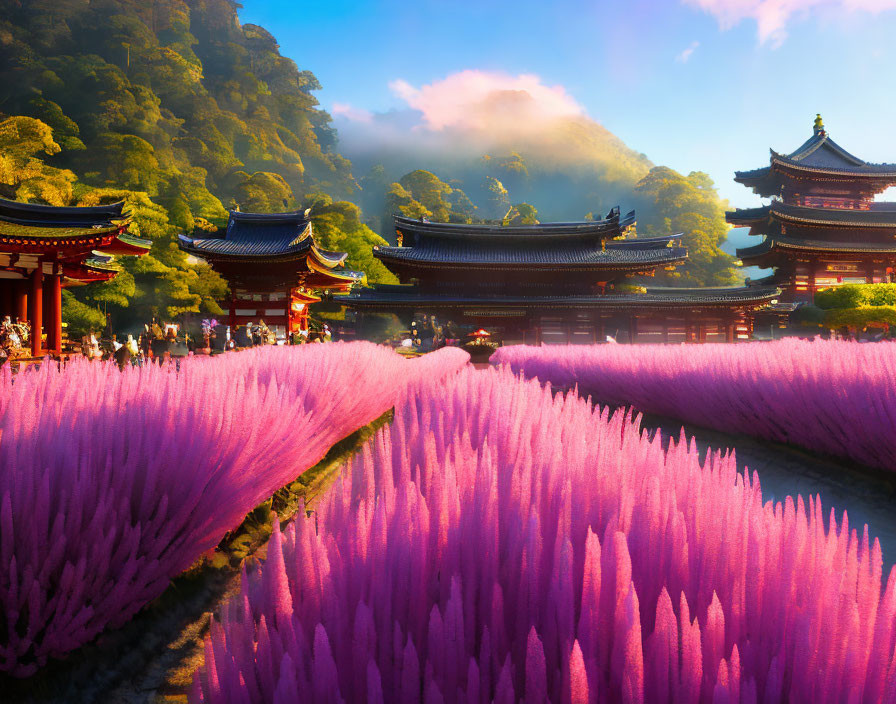 Pink Flowers Field with Japanese Architecture and Mountain View