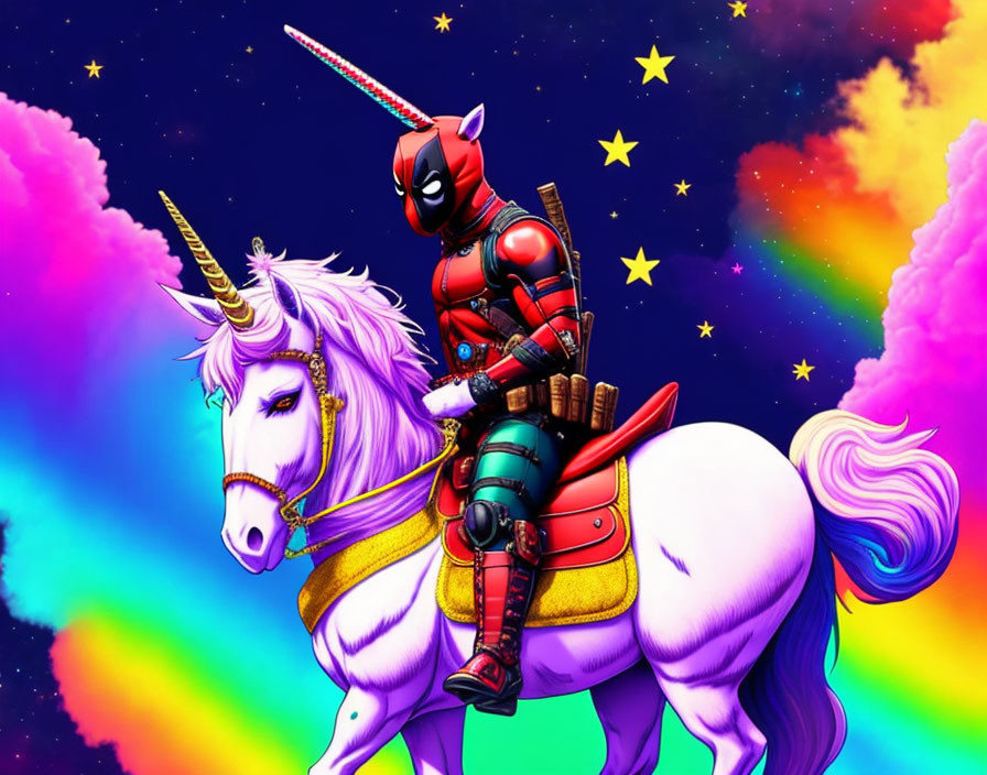 Colorful character in red and black suit on white unicorn in cosmic scene