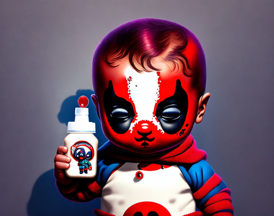 Stylized child illustration with exaggerated features and red patterns holding a bottle