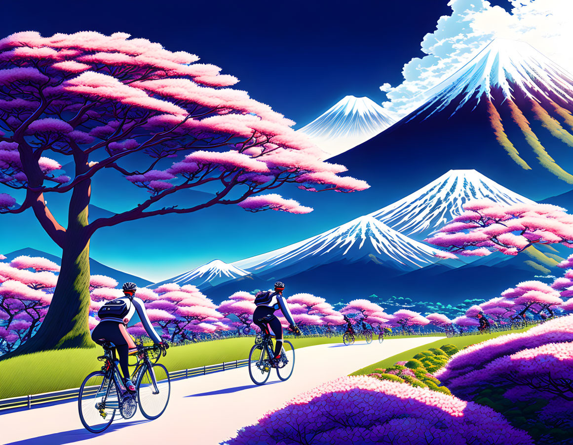 Cyclists amid Pink Cherry Blossoms and Snow-Capped Mountains