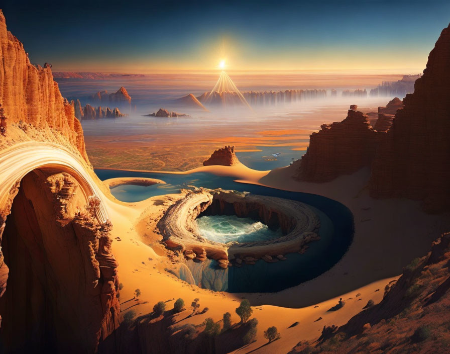 Desert sunrise landscape with swirling rock formation and water pool