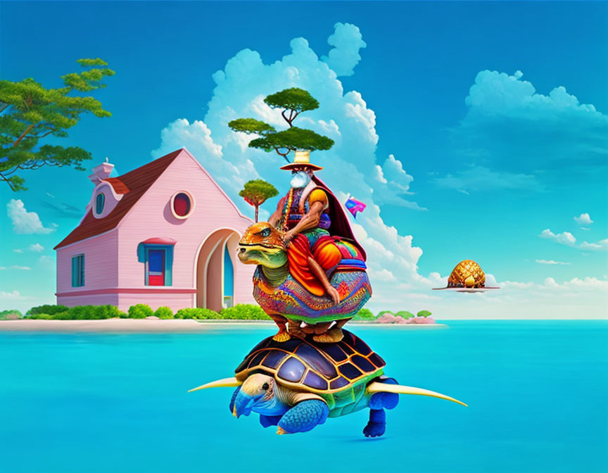 Colorful whimsical artwork featuring turtle carrying stack of animals and objects under blue sky.