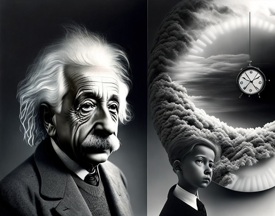 Split-image: Man with bushy hair next to surreal boy and clock in clouds