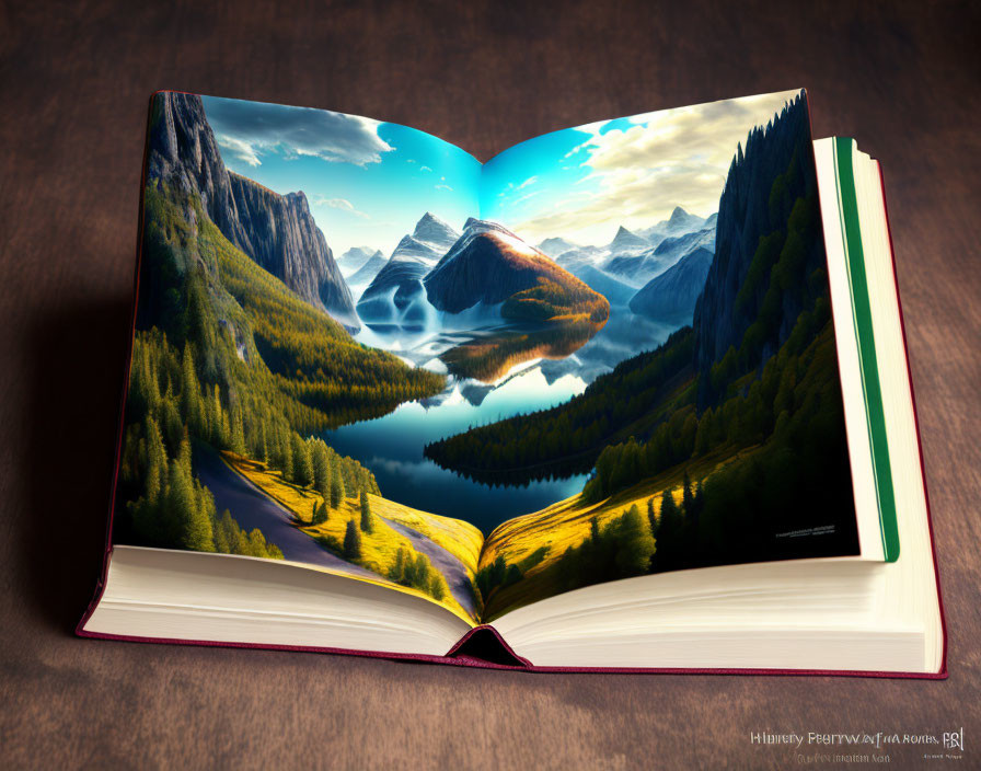 Open book with realistic pages transforming into vivid landscape with mountains, lake, and forests