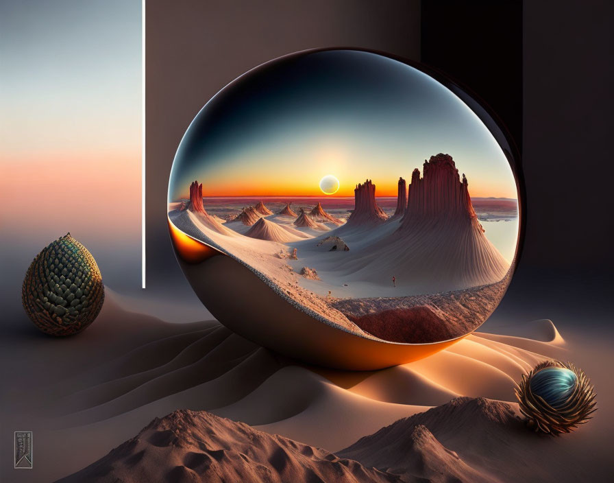 Surreal desert landscape with rock formations in reflective sphere under twilight sky