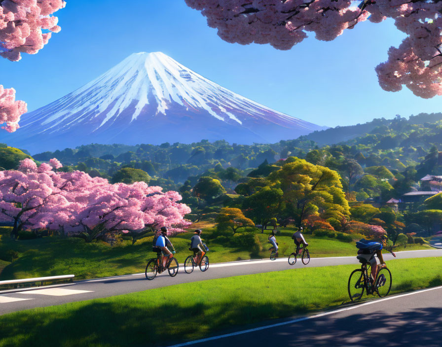 Cyclists on road with cherry blossoms and Mount Fuji in background