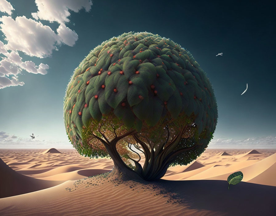 Surreal desert landscape with dome-shaped tree, floating leaf, birds, and crescent moon