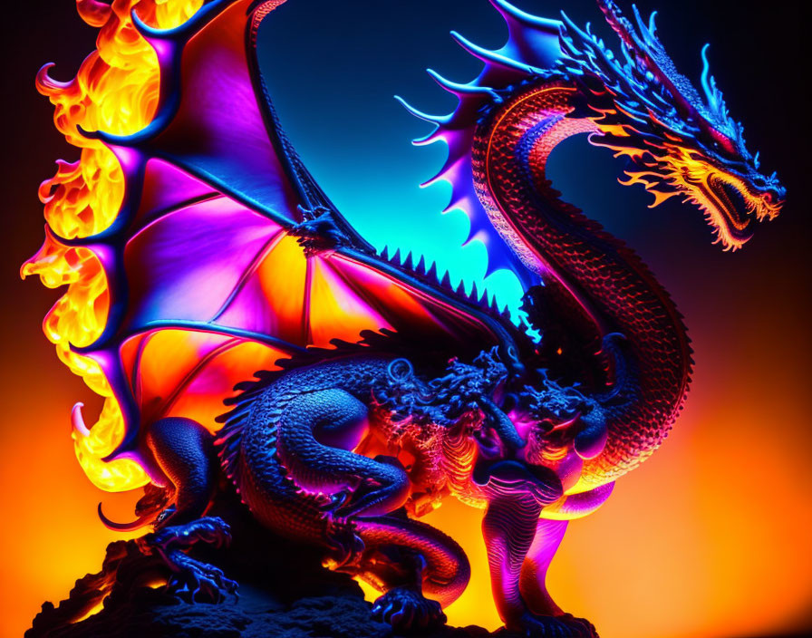 Colorful Dragon Artwork with Spread Wings on Blue and Orange Background