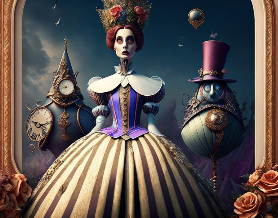 Whimsical image of stylized woman with wide dress and anthropomorphic clock and teapot characters in