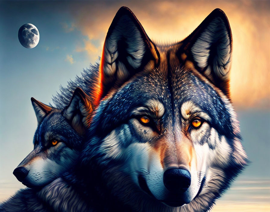 Detailed Illustration of Two Wolves under Full Moon