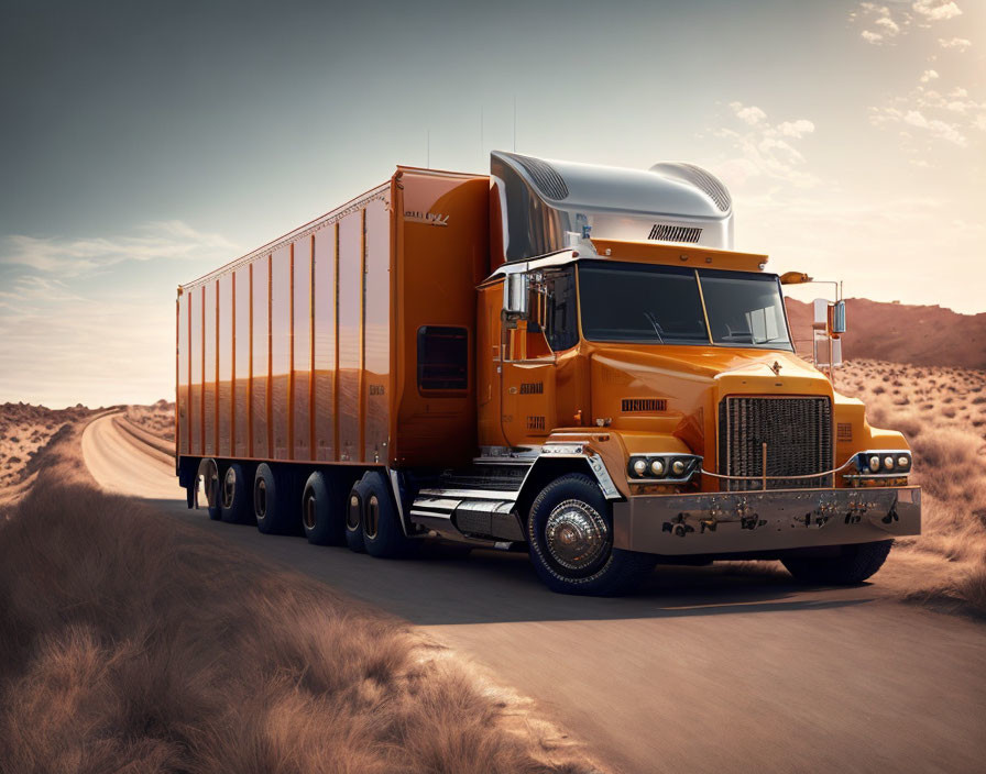 Orange semi-truck with trailer on desert road under hazy sky