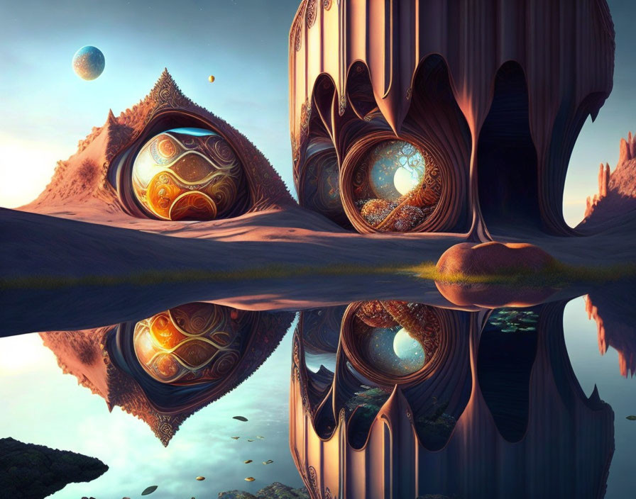 Surreal landscape with mirrored alien structures and orbs, distant planets, calm water, twilight sky