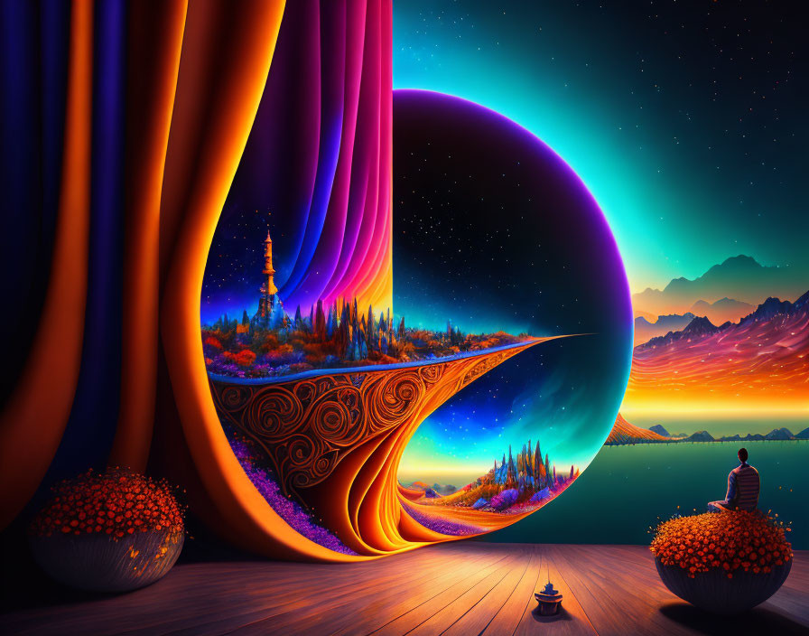 Colorful surreal landscape with starry sky, figure by lake, and floral spheres.