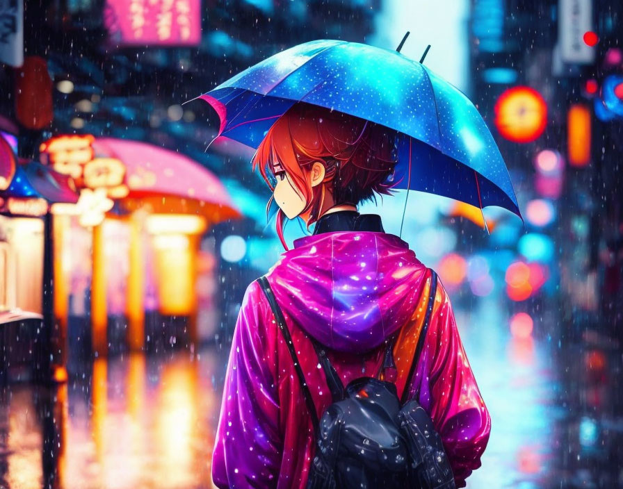 Person with Backpack Holding Starry Umbrella in Neon-Lit Rainy Street