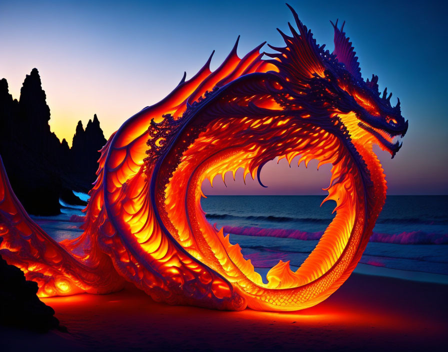 Vibrant red and orange dragon on twilight beach with glowing scales