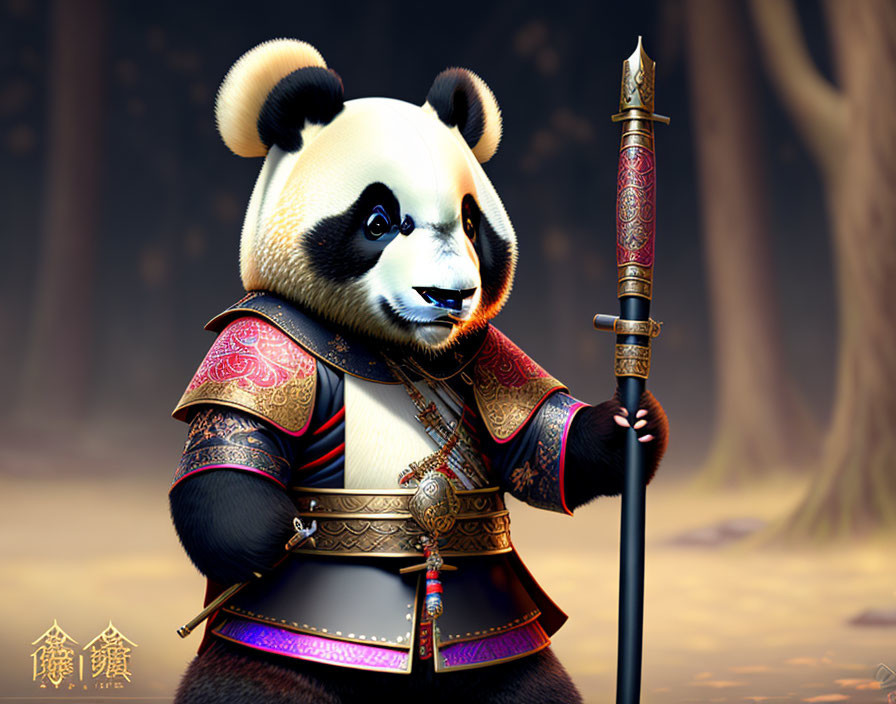 Anthropomorphic panda in Chinese warrior armor with spear in serene forest.