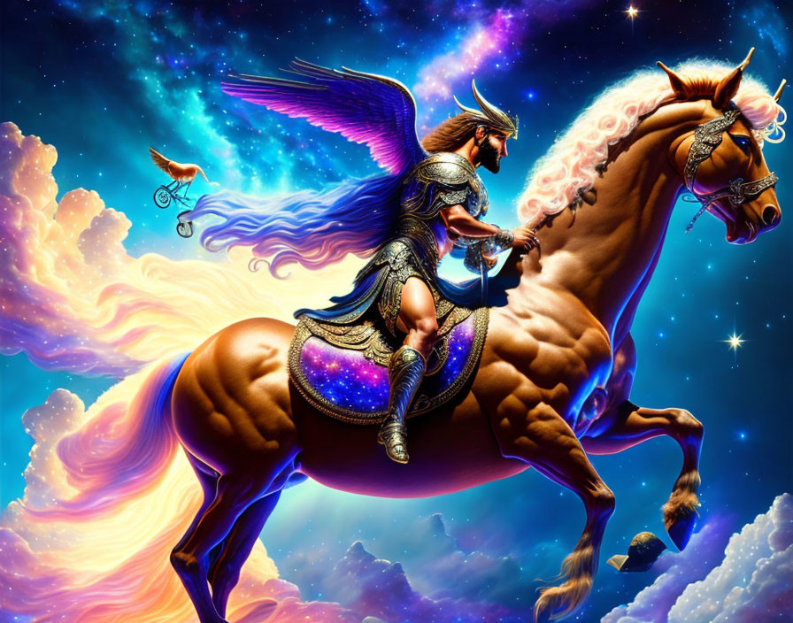 Mythological warrior on winged horse in cosmic setting