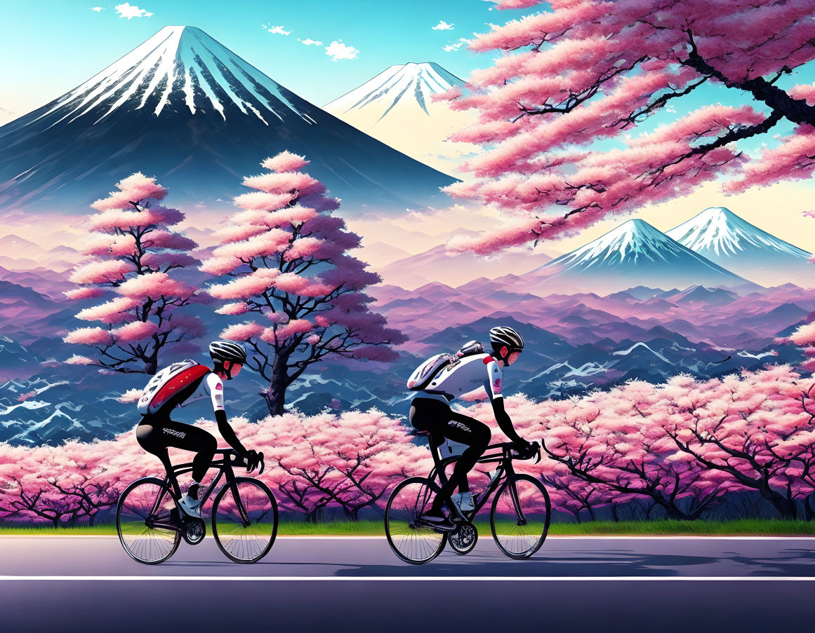 Cyclists pass cherry blossoms with Mount Fuji backdrop