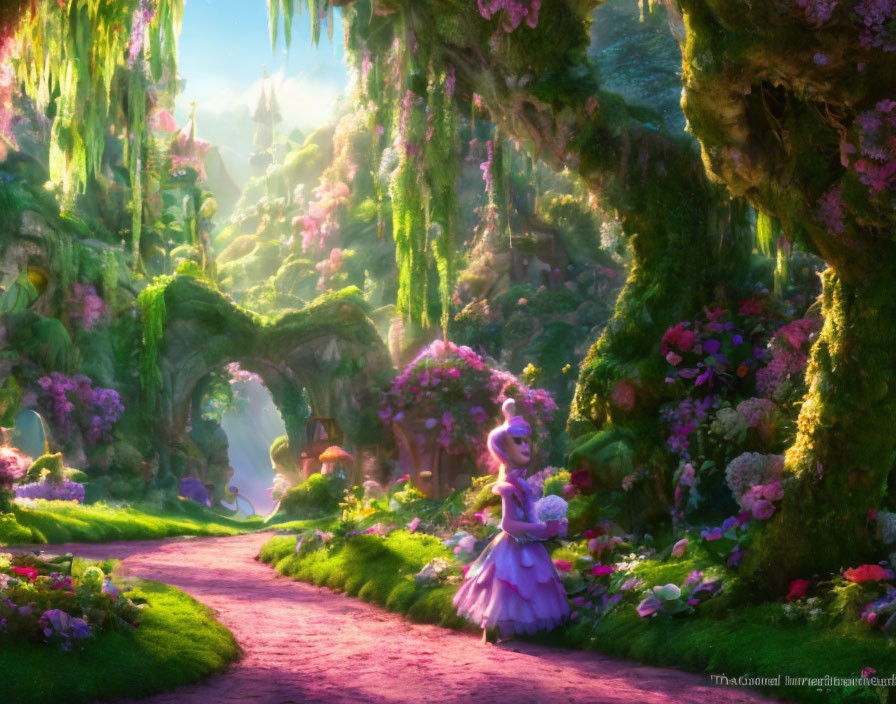 Forest Path with Vibrant Flowers and Character in Purple Dress