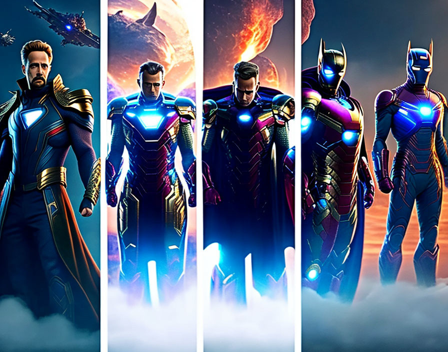 Four armored characters in futuristic setting with cosmic backdrop