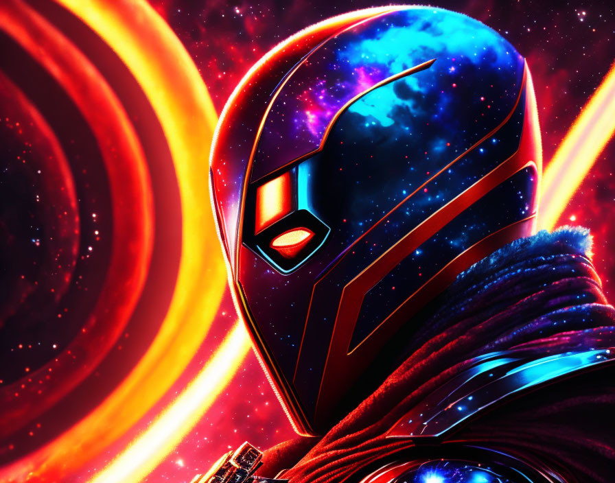 Colorful Cosmic Helmet with Star-Reflecting Visor in Red Galaxy