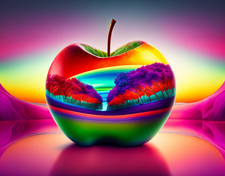 Colorful Apple Artwork with Rainbow Layers and Landscape Scene